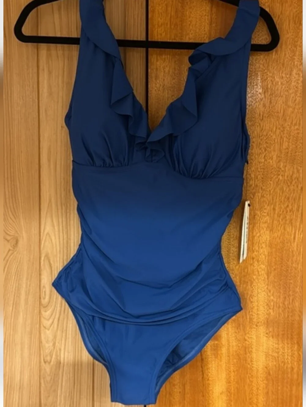 DKNY Blue Ruffle Plunge One-Piece Swimsuit Size Medium (Size 8-10) - Picture 2 of 8